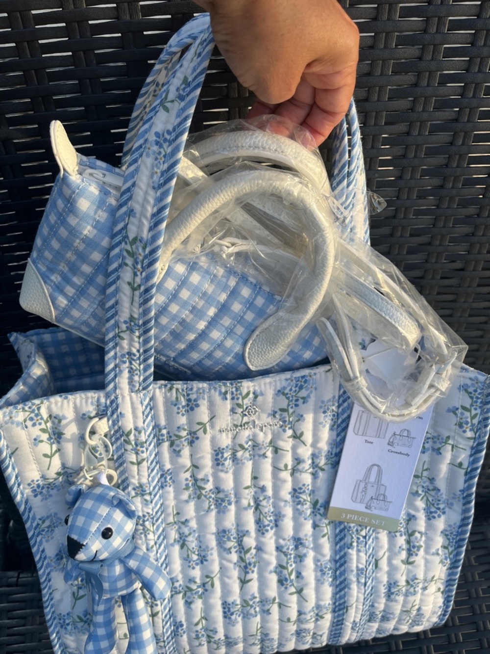 Nanette Lepore Light Blue Floral Quilted Tote with Gingham Bear Charm - Picture 3 of 9